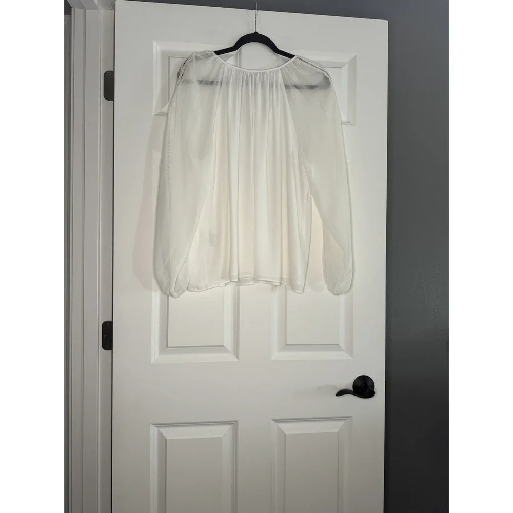 White House Black Market Tie Neck Semi Sheer Blouse Ivory  14 Nwt - Picture 2 of 2